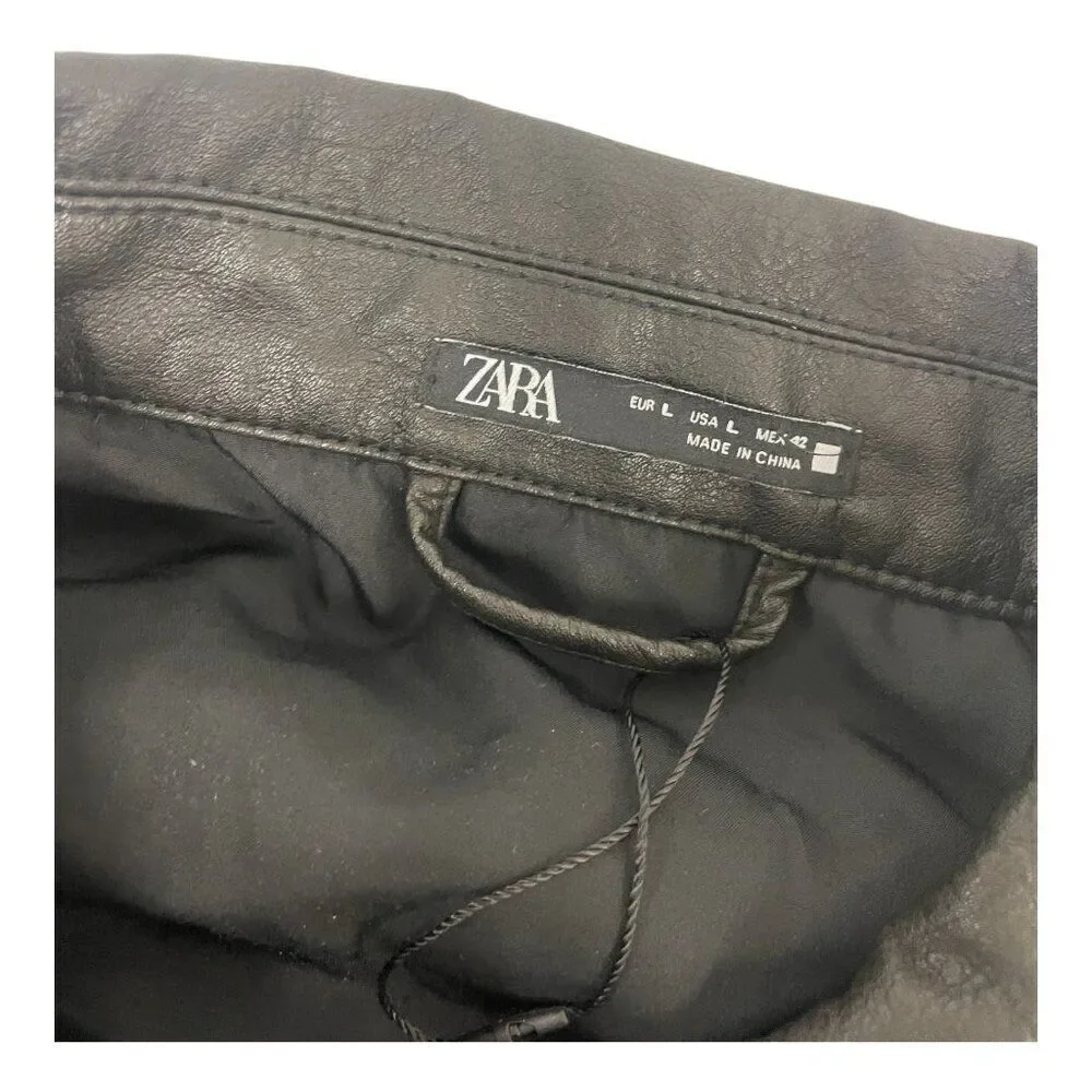 Zara Mens faux Leather Bomber Biker Jacket Coat L Large Black Full Zip NWOT
